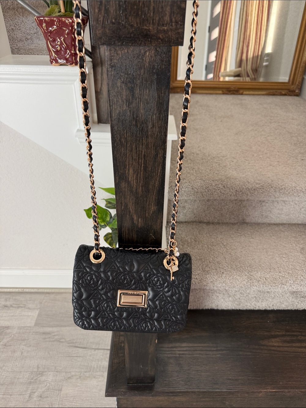 Aldo Black Quilted Crossbody with Gold Chain